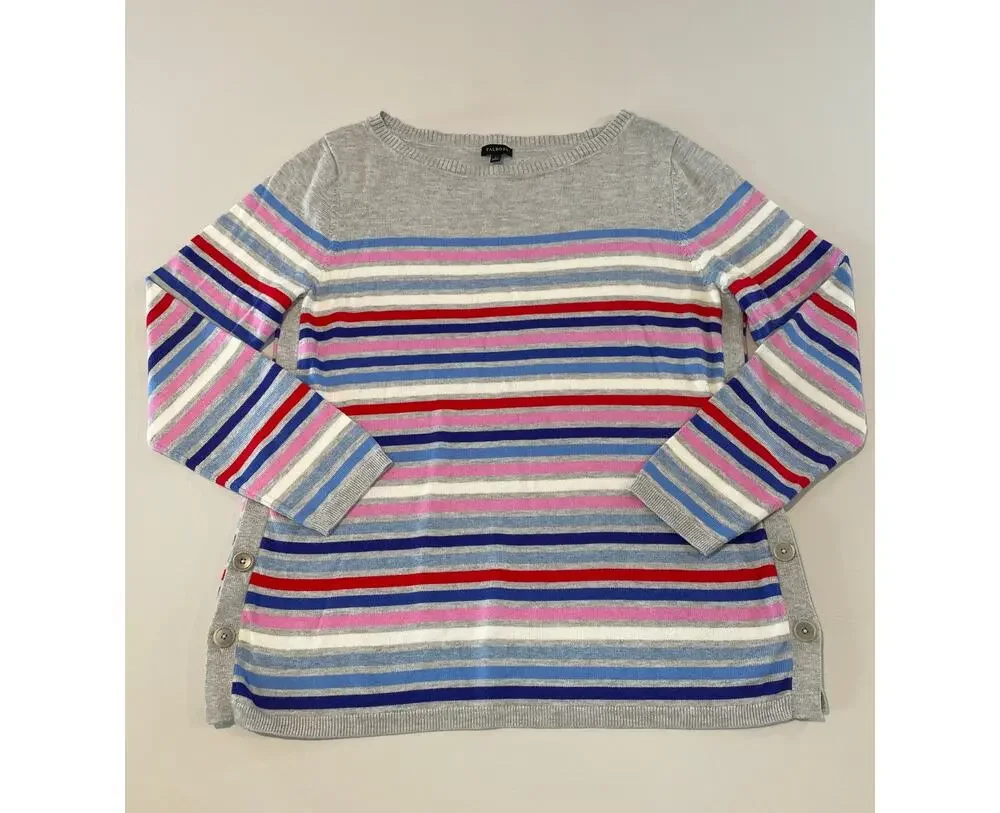 Talbots Multicolor Stripe Sweater Heather Gray Side Button Trim Lightweight